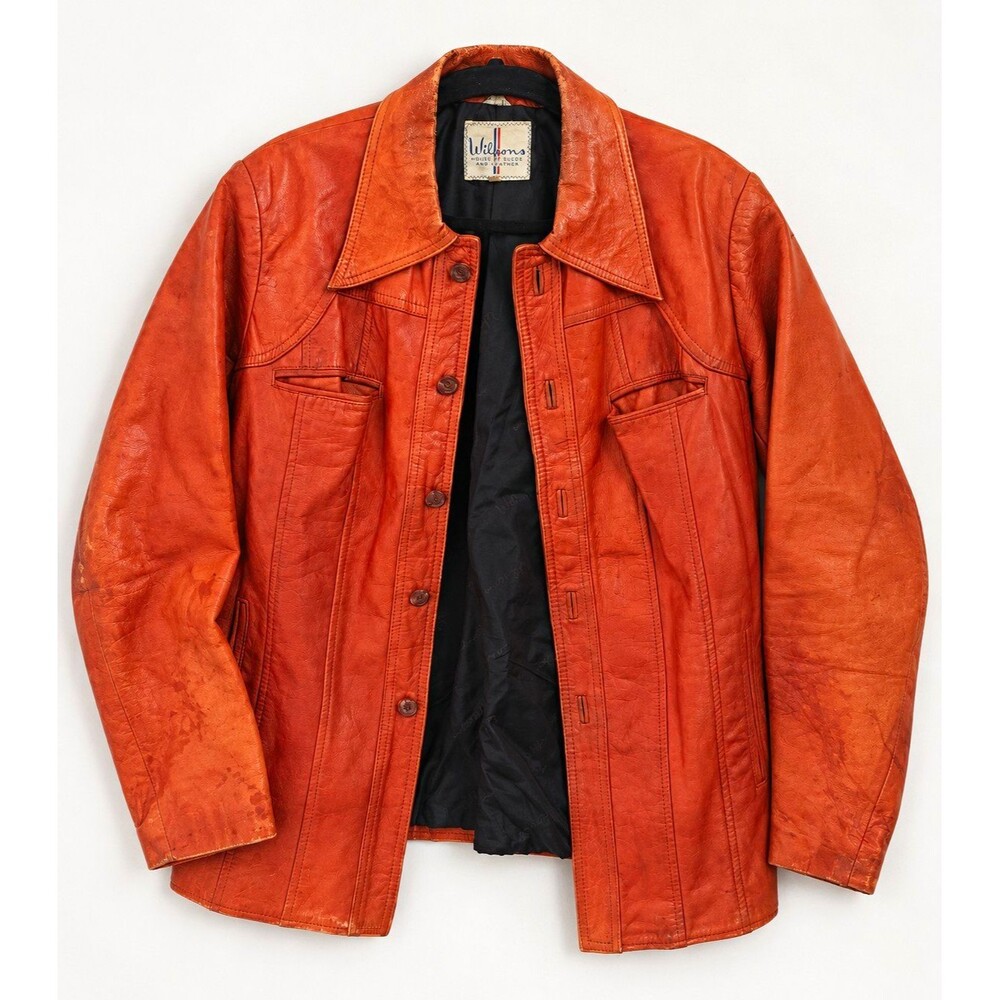 VTG 70s Wilsons Leather Jacket Burnt Orange Wide Collar Size 42 Retro Large